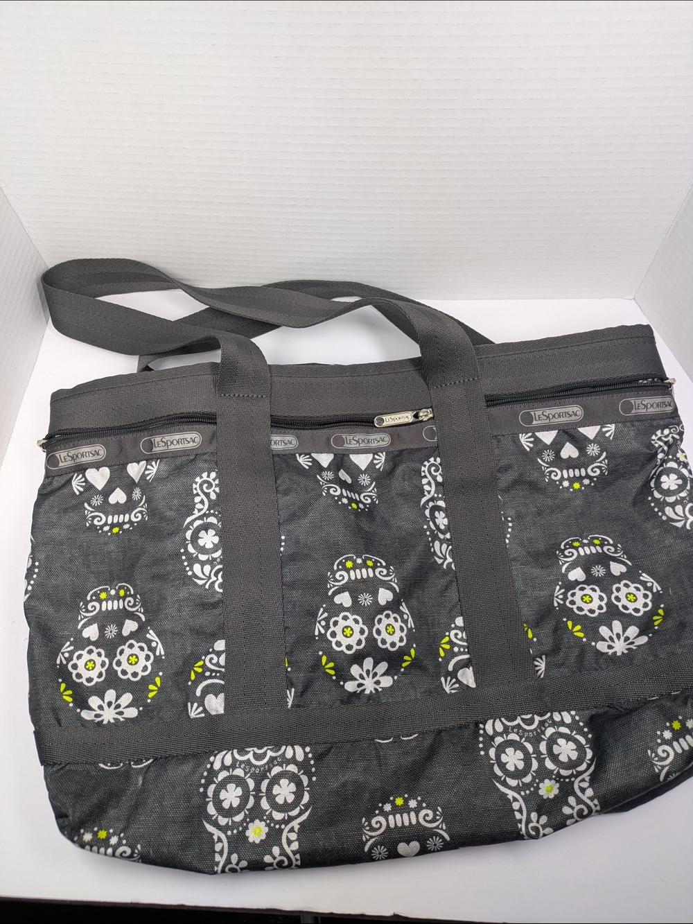 LeSportsac Gray Sugar Skull Tote with Lime Accents